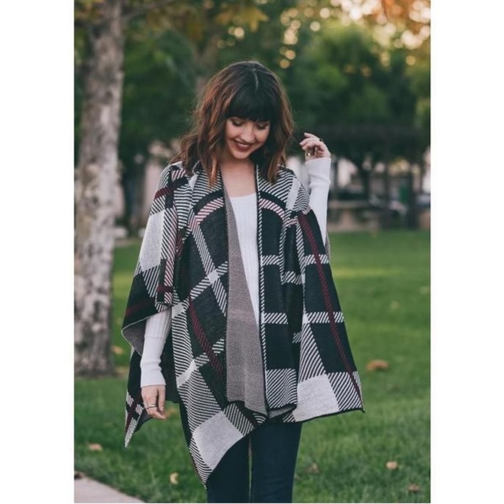 OVERSIZED OPEN FRONT PLAID PONCHO IN BLACK, RED, AND WHITE ONE SIZE FITS ALL - Picture 4 of 14